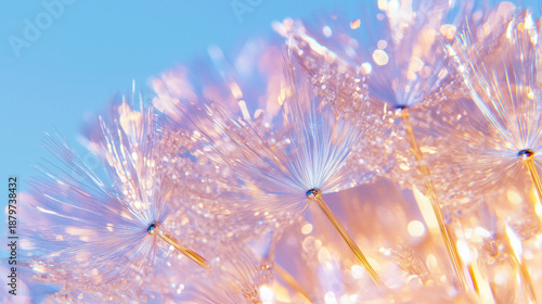 Abstract dandelion flower closeup on colorful pastel background, palette of twilight indigo, radiant coral, and shimmering gold, atmospheric floral design, AI generated