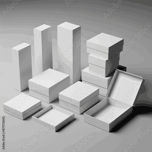 Isolated a kinds of deferent realistic Blank white box packaging mockup isolated on grey background, Template for your design. 3d rendering..
