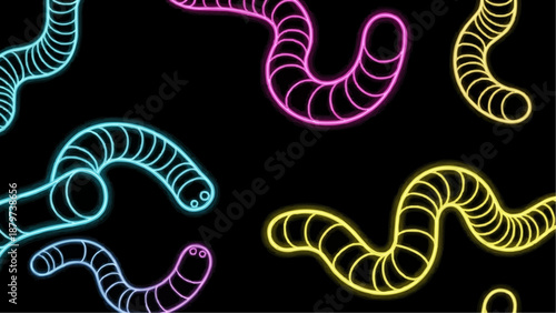 Neon worms gracefully curl and twist across a stark black background creating a vibrant and playful abstract design