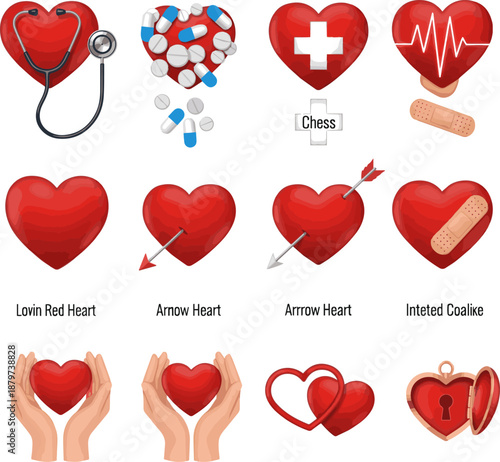 Isolated a kinds of deferent realistic Heart shape icon signs. Medicine, medical health care concept. Heart, Love concept vector art with white background.