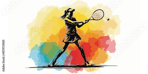 A female player hitting a powerful two-handed backhand, dynamic hair movement, modern athletic gear.