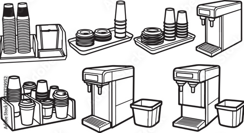 Coffee Machines and Cups Line Drawing Illustration Set