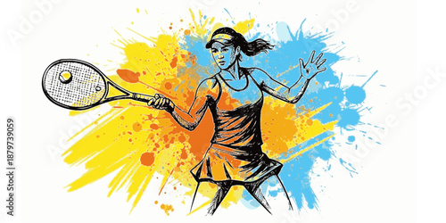 A female player hitting a powerful two-handed backhand, dynamic hair movement, modern athletic gear.