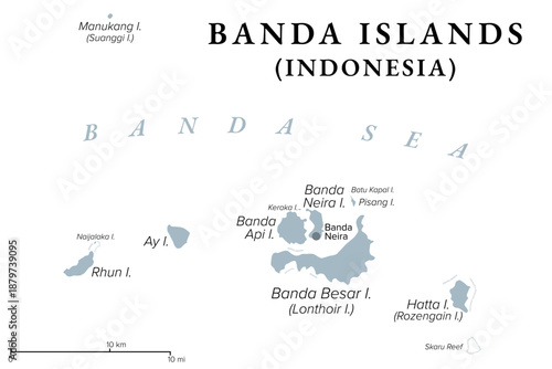 Banda Islands, part of Maluku Islands, Indonesia, gray political map. Group of volcanic islands in the Banda Sea. Until mid-19th century the only source of spices nutmeg and mace in the world. Vector