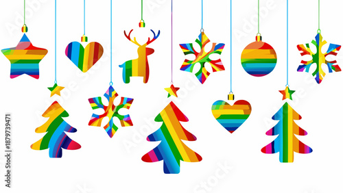 Colorful hanging ornaments depict stars hearts trees and reindeer shapes