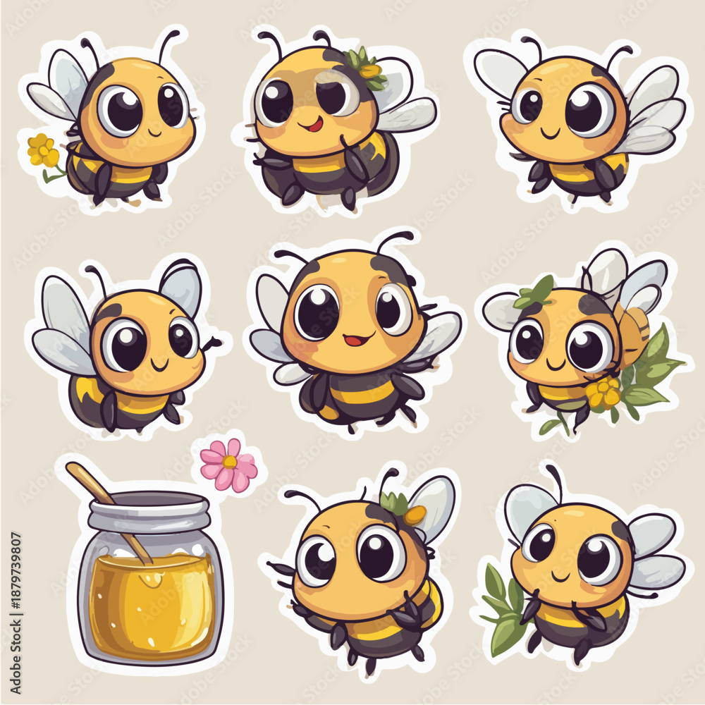 Obraz premium Cute Bees with Flowers and Honey Jar Stickers