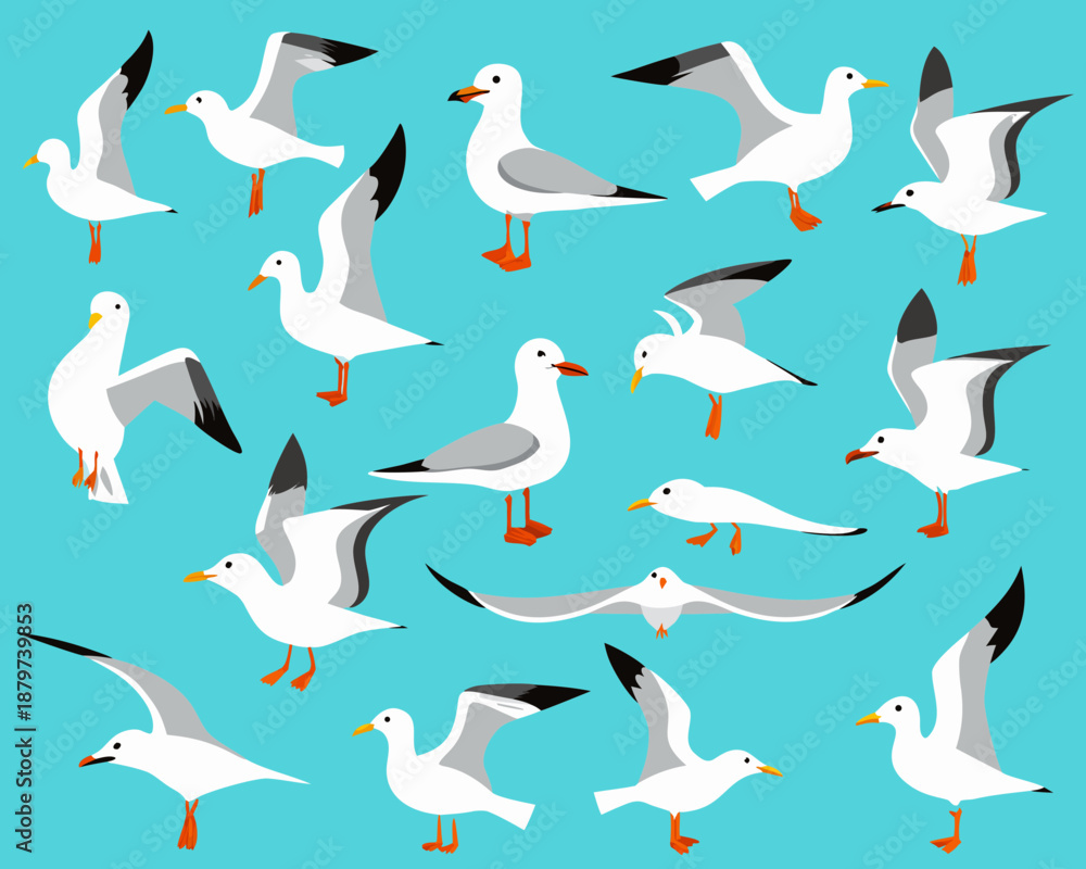 Obraz premium Stylized seagulls in flight against a bright turquoise background pattern