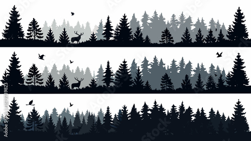 Silhouetted forest landscape with deer and birds a monochromatic natural scene