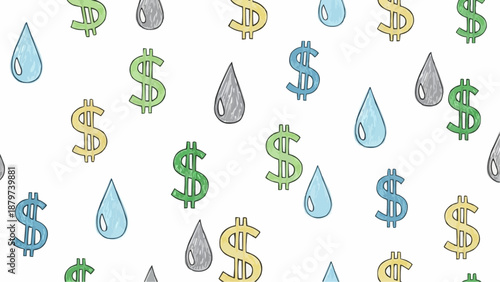 Colorful droplets and dollar signs playfully cascade across a white backdrop creating a whimsical financial pattern