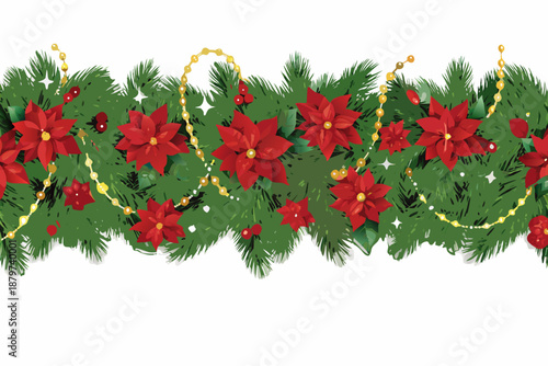 Festive christmas garland with poinsettias pine needles and golden bead accents