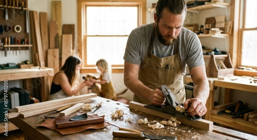 Focused craftsman carving wood in a busy family workshop with natural lighting