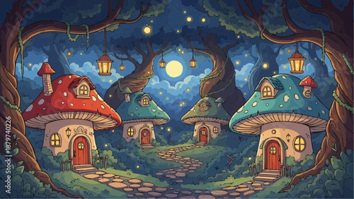 Enchanting mushroom homes nestled within a mystical moonlit forest scene with glowing lanterns and winding paths