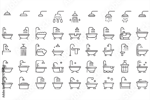 Bathroom Line Icons for Shower, Bathtub, Hygiene UI and App Interfaces
