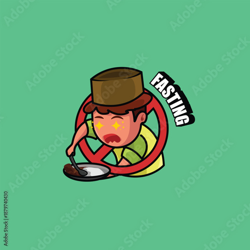 Cartoon illustration of a hungry man fasting, holding a plate of food but prohibited from eating. A prohibition symbol and the word “FASTING” emphasize the fasting concept. Suitable for Ramadan themes
