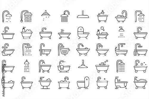 Shower and Bathtub Bathroom Icons for Hygiene Apps and UI Systems