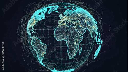 A glowing depiction of earth at night showing interconnected networks and illuminated city lights across continents