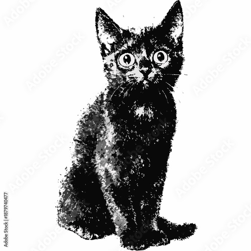 A charming black kitten with wide eyes sits attentively looking forward
