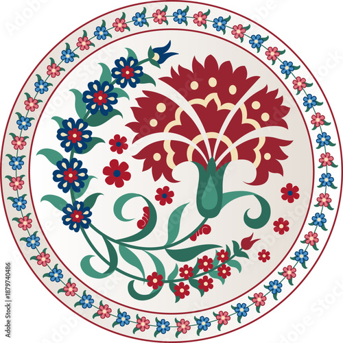 Round floral illustration, Iznik, Suzani style. Decorative plate with flowers and border. Central Asian, Turkish, Arabic art legacy. 