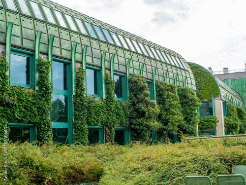 Nice view of the facade of Warsaw University Library Garden in Poland