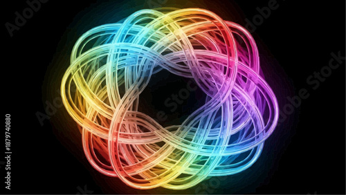 A vibrant swirling abstract light form composed of numerous colorful ribbons against a completely dark black background