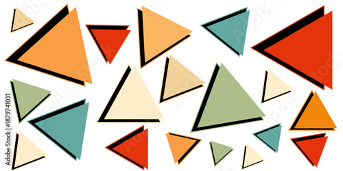 Chaotically arranged different in size and colored triangles as background, texture, pattern. Blue, orange, Violet, Red, Green and Yellow Triangles of Different Size on White Background
