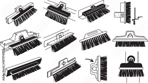 Various broom heads and brushes in black and white