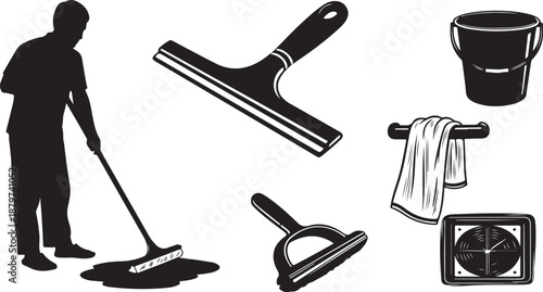 Cleaning tools and equipment for a tidy workspace setup