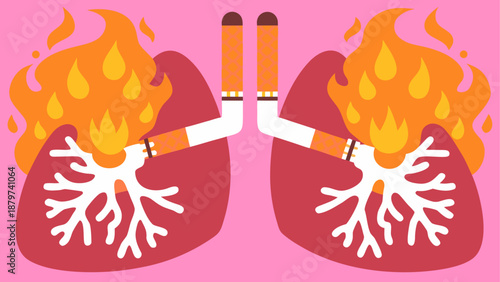 Damaged Lungs with Burning Cigarettes on Pink Background