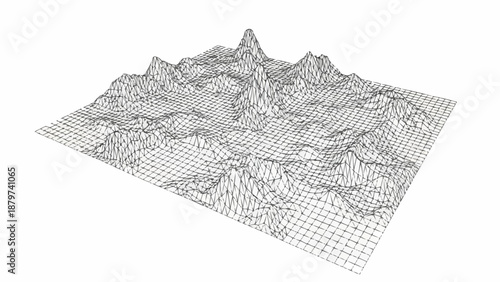 A detailed wireframe rendering depicts a three dimensional landscape with undulating mountain peaks and a gridded base plane