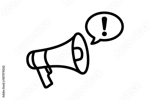 Black and white megaphone with exclamation mark icon