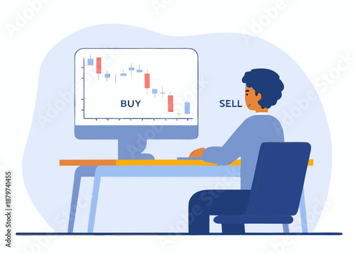 Man analyzing stock market data on a computer making investment decisions