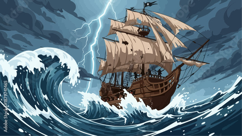 A dramatic depiction of a pirate ship battling a fierce storm with towering waves and intense lightning