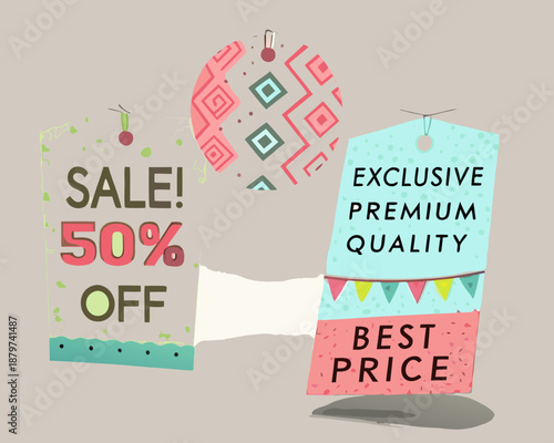 Colorful sale tags advertise discounts and premium quality products