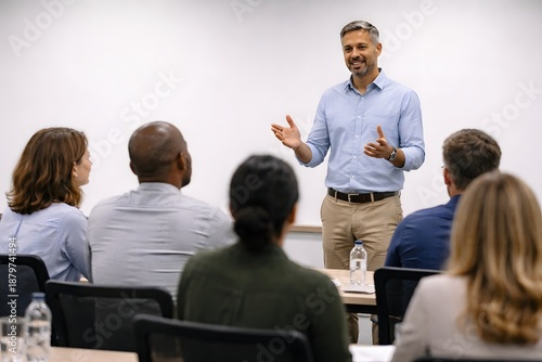 Fictional employees attending a corporate training session with instructor gesturing, clean professional room, realistic lighting, focused learning atmosphere, modern workplace education concept, no l