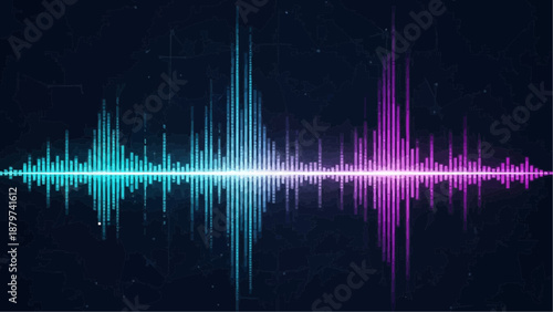 An abstract visualization of sound waves is depicted with vibrant cyan and magenta colors against a dark starry background