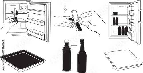 wine bottles and refrigerator with storage and serving concept