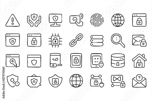 Cyber Defense Line Icons for Access Control and Data Safety Systems