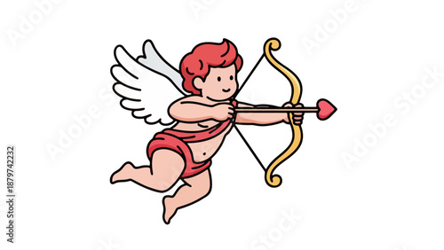 A cartoon cupid flying with bow and arrow in hand, depicted in a dynamic pose, vector illustration style, white background, 2D viewpoint, inspired by 10.eps