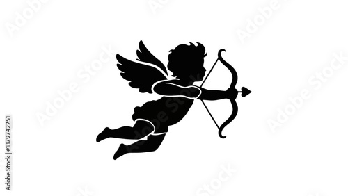 Silhouette of a flying Cupid with bow and arrow illustration in dynamic motion from a side viewpoint