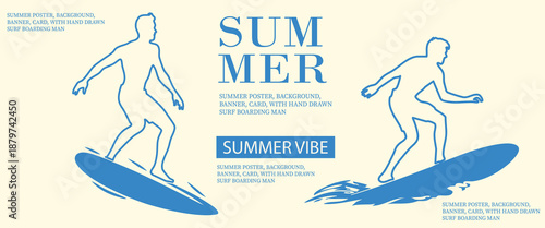 Vintage Mediterranean Summer vacation poster banner with hand drawn surfer outlines on blue waves over beige background. Minimal flat vector fortravel ads and coastal branding. summer illustration.
