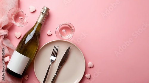 Wallpaper Mural A romantic dinner setup with wine and utensils on a pink tablecloth Torontodigital.ca
