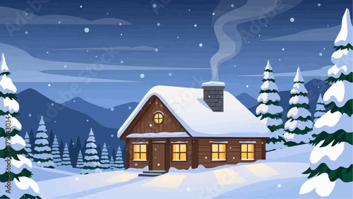 A cozy wooden cabin nestled amidst snow covered trees and mountains during a peaceful winter evening radiating warmth