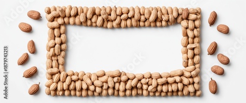 Peanuts on white. Frame form copy space. Top view flat lay