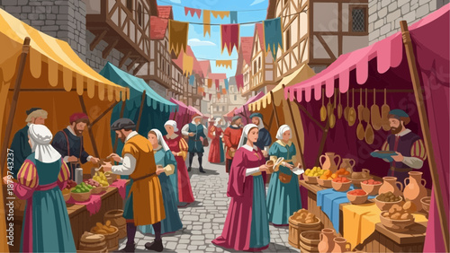 A bustling medieval marketplace scene depicting merchants customers and vibrant stalls filled with goods and produce vividly illustrated