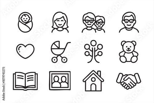 Family and Parenting Line Icons for Home and Care Concepts