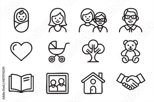 Minimal Family Care Icons with Parents, Baby, and Home