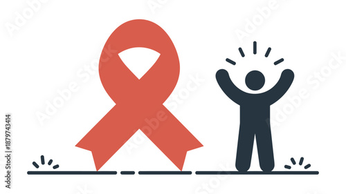 Person raising hands next to red ribbon Vector