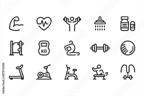 Gym Equipment and Fitness Training Line Icons