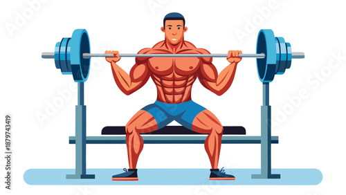 "Create a highly detailed, medically accurate 3D rendering of a fit male athlete performing a barbell bench press exercise on a flat bench. The illustration should use an anatomical overlay to highlig