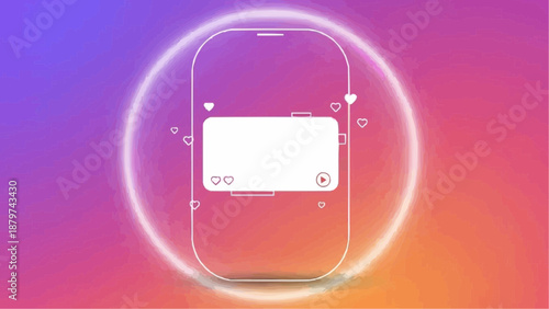 A vibrant digital illustration featuring a smartphone enclosed within a glowing circular frame adorned with heart motifs